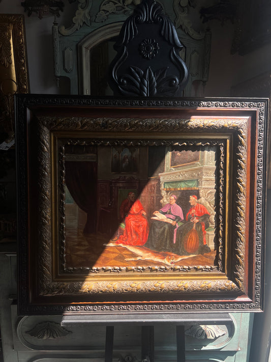 Emanuel Fiala (Austrian, b. 1892) Oil Painting of Cardinals in Renaissance Interior, Monumental Gilt Frame