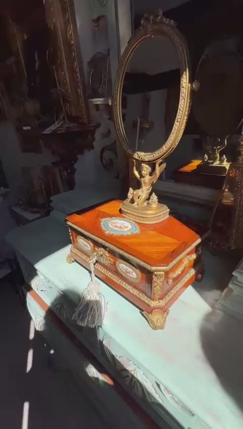 Elegant 19th-century Sèvres porcelain plaque mounted in rosewood & bronze vanity box with working key- Napoleon Ill, France